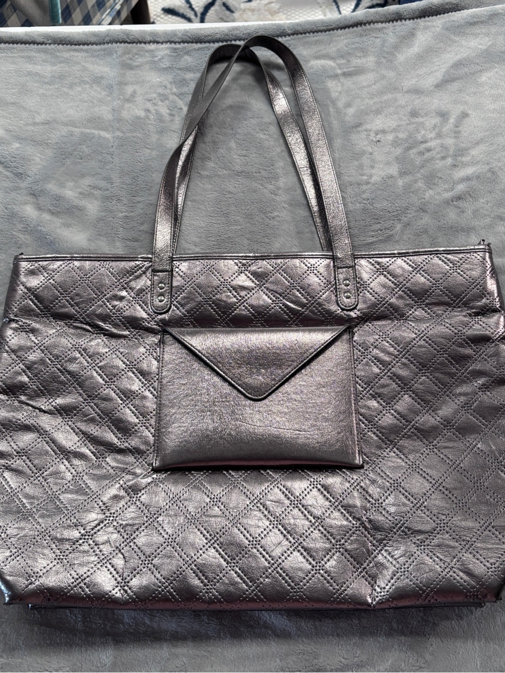 Quilted Metallic Silver Tote Bag with Front Pocket